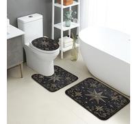 Nautical Bathroom Mat Sets 3 Piece, Vintage Compass Stars Absorbent Non Slip Toilet Rugs U Shaped Washable, Maritime Floral Quick Dry Flannel Bathroom Rug Set