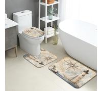 Nautical Bathroom Mat Sets 3 Piece, Vintage Lighthouse Anchors Absorbent Non Slip Toilet Rugs U Shaped Washable, Coastal Quick Dry Flannel Bathroom Rug Set
