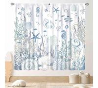 Nautical Beach Curtains, Coastal Seahorse Sea Turtle Starfish Seashell Undersea Animal Blue Blackout Drapes for Bedroom Living Room Kids Room Bathroom Kitchen Window Treatments 2 Panel, 42"x45" Inch