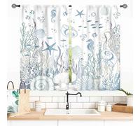 Nautical Beach Curtains, Coastal Seahorse Sea Turtle Starfish Seashell Undersea Animal Blue Blackout Drapes for Bedroom Living Room Kids Room Bathroom Kitchen Window Treatments 2 Panel, 55x39 Inch