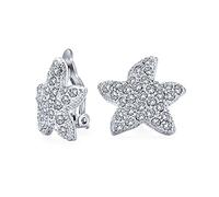 Nautical Beach Pave Crystal Starfish Clip On Earrings For Women Non Pierced Ears Silver Plated Brass