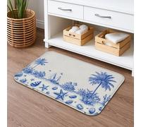 Nautical Beach Quick Dry Bath Mat, Blue Shells and Palm Trees Absorbent Non Slip Shower Mat, Summer Coastal Flannel Washable Bath Rugs Decorative 16x24 Inch