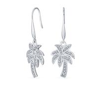 Nautical Bech Vacation Pave CZ Cubic Zirconia Hawaiian Palm Tree Dangle Earrings For Women Teen .925 Sterling Silver French Hook