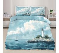 Nautical Bedding Double Coastal Lighthouse Sailboat Duvet Cover Ocean View Comforter Cover Seaside Scenery Bedding Set with Pillowcases for Bedroom