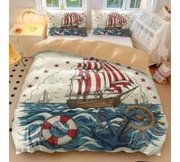 Nautical Bedding Set Vintage Sailboat Duvet Cover with Anchor, Ship Wheel & Stripes - Classic Navy Theme Bedding with 2 Pillowcases (style3,Single135x200cm+65x65cm*2)