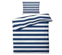 QEODAH Nautical Bedding Single Bed Set - Navy Blue and White Stripe Duvet Cover Sets 2 Pieces - Reversible Printed Quilt Cover and 1 Pillowcase - 110gsm Soft Brushed Microfiber, with Zipper Closure