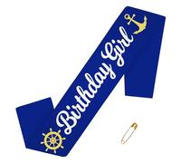 Nautical Birthday Girl Sash Navy Blue Birthday Girl Sash With Glitter Gold Silver Anchor Rudder Printing for Women Girls Cruise Theme Birthdays Decorations Boat Party Party Favors Gifts