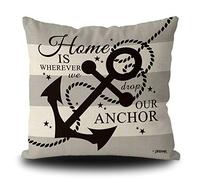 Nautical Black Anchor Rustic Pillow Cover Home is Where We Drop Our Anthor Summer Seasonal Decor Throw Cushion Case 20 x 20 Inch Linen Square PillowCase for Sofa Couch Car