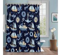 Nautical Blue Boat Shower Curtain with 12 Hooks Dark Blue Background Anchor Modern Art Waterproof Fabric Shower Curtains Sets for Bathroom Bath Decorations, Machine Washable, 54"x78"