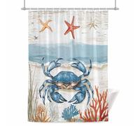 Nautical Blue Crab Shower Curtain for Bathroom, Ocean Red Coral Starfish Waterproof Cloth Fabric Bathroom Accessories Set with 12 Rust Proof Plastic Hooks, 72” x 72”