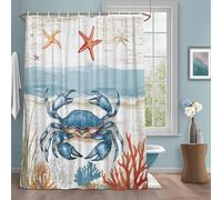 Nautical Blue Crab Shower Curtain with 12 Hooks Ocean Red Coral Starfish Waterproof Fabric Shower Curtains Sets for Bathroom Bath Decorations, Machine Washable, 66"x72"