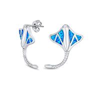Nautical Blue Inlay Created Opal Large Stingray Stud Earrings For Women .925 Sterling Silver October Birthstone