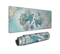 Nautical Blue Large Gaming Mouse Pad, Turtle and Coral Design Stitched Edge Mousepad, Rubber Non-Slip Washable Gaming Mouse Pad for Home and Office Computer, Laptop 12x32 Inch