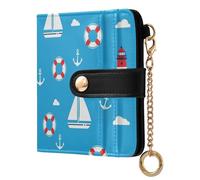 Nautical Boat Blue Lighthouse Print Small Women Wallet Bifold PU Leather RFID Blocking Compact Card Holder with Coin Pocket Zipper Purse for Ladies Girls Women