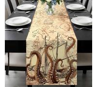 Nautical Boat Table Runner 13x108 Inches Long Retro Octopus Sailing Sailing Brown Cotton Linen Table Runner Burlap Style for Dinner Table Party Decor Tabletop Decorations