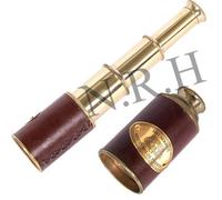 Nautical Brass & Brown Leather Pocket Spyglass Telescope 8'' Spyglass Retro Telescope Decor