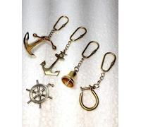 Nautical Brass Keychain Set, 5 Pieces, Anchor Bell Ship Wheel Design, Vintage Style Key Ring Collection