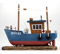 Nautical Brown Blue Wooden Trawler Boat 16cm Ornament
