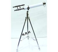 Nautical Brushed Nickel with White Leather Galileo Double Barrel Telescope Table Top Decor Ideal For Stargazing, Nautical Enthusiasts, Statement Decor Piece.