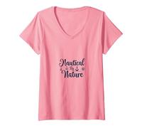 Nautical by Nature: Seaside Adventure Lover's Emblem V-Neck T-Shirt, Women, Pink, XXL