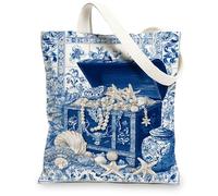 Nautical Canvas Tote Bags, Elegant Ocean Treasure Design Reusable Shopping Bags, Vintage Coastal Style Lightweight Washable, Blue, 13x15 Inch