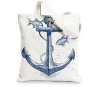 Nautical Canvas Tote Bags, Marine Anchors and Fish Design Reusable Shopping Bags, Stylish Beach Lightweight Washable Should, White, 13x15 Inch
