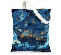 Nautical Canvas Tote Bags, Ship Design Reusable Grocery Bags, Artistic Vintage Ocean Scene Lightweight Washable Canvas Bags for Travel Beach Picnic 13x15 Inch