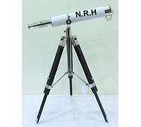Nautical Chrome Finish & White Leather Single Barrel Harbor Master Telescope Table Top Tripod