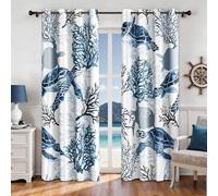 Nautical Coastal Curtains Decorative Beach Ocean Sea Turtle Coral 50% Light Blocking Sea Darkening Grommet Curtain For Villa Living Room, Bedroom Navy Blue and White 2 Panels Set, 52x96 Inches