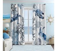 Nautical Coastal Curtains Decorative Beach Ocean Sea Turtle Coral 50% Light Blocking Sea Darkening Grommet Curtain For Villa Living Room, Bedroom Navy Blue and White 2 Panels Set, 52x63 Inches