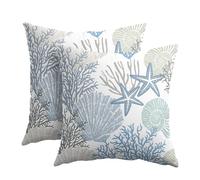 Nautical Coastal Pillow Covers 24x24 Inch Set of 2 Blue Beach Theme Ocean Seashell Coral Starfish Throw Pillow Covers Summer Outdoor Pillow Cases Cotton Linen Cushion Covers for Couch Bed Sofa Decor