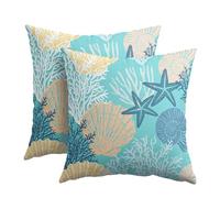 Nautical Coastal Pillow Covers 24x24 Inch Set of 2 Teal Beach Theme Ocean Seashell Coral Starfish Throw Pillow Covers Summer Outdoor Pillow Cases Cotton Linen Cushion Covers for Couch Bed Sofa Decor