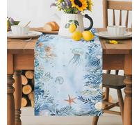 Nautical Coastal Table Runner 13x70 Inches Long Summer Blue Eucalyptus Leaves Seashell Cotton Linen Table Runner Burlap Style for Dinner Table Party Decor Tabletop Decorations