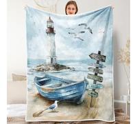 Nautical Coastal Throw Blankets, Ocean Beach Lighthouse Flannel Warm Soft Cozy Fluffy Bed Couch Blanket, Blue Teal Seasides Sailboat Fleece Throws to Decorate The Room Bedroom 60 x 80