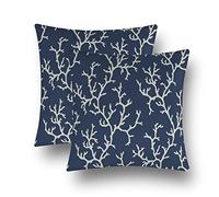 Nautical Coastal Throw Pillow Covers Set of 2 Ocean Beach Themed Coral Branch Sofa Pillowcase Decorative Sea Life Couch Cushion Cover for Bedroom Living Room, 16" x 16", Navy Blue