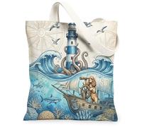 Nautical Cocker Spaniel Dog Ocean Canvas Tote Bag for Shopping 13x15, Summer Sea Lighthouse Reusable Grocery Print Bag for Women, Underwater Beach Aesthetic Painting Gift Decor