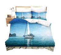 Nautical Comforter Set Blue Ocean Duvet Cover Set, Ship Boat Pattern on Beach, Soft Microfiber Single Size Navigation Bedding Set Sailing Ship Anchor Decor for Kids Adult Corner Ties Wave Pattern