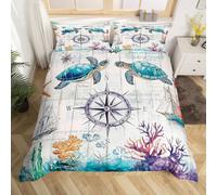 Nautical Compass Bedding Set Super King,Sea Turtle Duvet Cover 3Pcs,Coral Ocean Animals Comforter Cover for Kids Girls Boys Adult Room Decor,Vintage Grey Blue Map Quilt Cover,2 Pillowcases