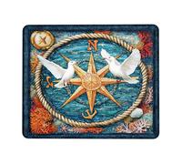 Nautical Compass Mouse Pad, Blue Ocean Waves and White Doves Design, Stitched Edge Rubber Non-Slip Mousepad for Home and Office Use, Seasons Square 8x10 Inch