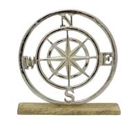 Nautical Compass Rose Ornament on Mango Wood Base, 26cm Silver Metal Compass Decoration Coastal Beach Home Decor Display