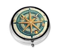 Nautical Compass Small Pill Box 3 Compartment Portable Pill Box for Purse Pocket Retro Starfish Mini Medicine Organiser for Daily Vitamin Fish Oil Storage