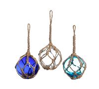 Nautical Crush Trading 3 Pack of 2" Aqua, Cobalt and White Hand Blown Glass Balls with Rope - Japanese Glass Floats - Fishing Float Decor - Nautical Home Decor
