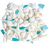 Nautical Crush Trading Sea Shells | Real Mixed Beach Seashells with Real Starfish & Caribbean Blue Sea Glass | White Decorative Seashell Décor & Blue Seaglass Pieces | Seashell Wedding (2 Pack)