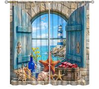 Nautical Curtains for Kitchen Sailing Summer Beach Waves Leisure Time Starfish Seashells Lighthouse Ocean Print Windows Treatments for Kids Girls Bedroom Living Room Bathroom 42x44.5In（No Blackout）