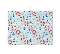 Nautical Dish Drying Mats for Kitchen Counter, Red Anchors Absorbent Dish Drainer Rack Mat, Summer Coastal Microfiber Drying Pad for Kitchen Counter Beach Bar Protector 18x24 Inch
