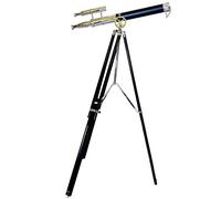 Nautical Double Barrel Telescope Chrome Finish Antique Black Leather Floor Standing Wooden Tripod Telescope Home Decorative Sailor Article High Magnification - Navirock