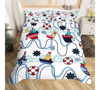 Nautical Duvet Cover Double Retro Sailboat Bedding Set For Kids Child Cartoon Pirate Ship Anchor Comforter Cover Vintage Style Steering Wheel Boat Quilt Cover Ocean Theme Sketch Bedroom Decor