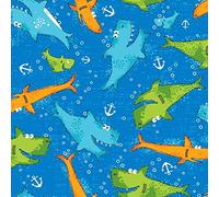 Nautical Fabric - 100% Cotton Printed Material, 44” Wide - Maritime Themed Fabric by The Metre - Ideal for Crafts, Quilting, Dressmaking (Happy Sharks, Metre)