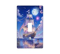 Nautical Fantasy Light Switch Cover Plate/Outlet Covers, Blue Ocean Scene with Ship and Moon for Home Decor, Thermoplastic Wall Plates, Standard Size Single Toggle