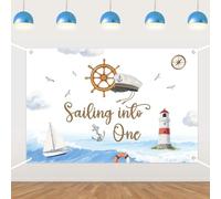 Nautical First Birthday Decorations - Sailing into One Backdrop Banner Sailor 1st Birthday Decors Ocean Sailing Anchor Sailboat Lighthouse Ship Boat Party Supplies